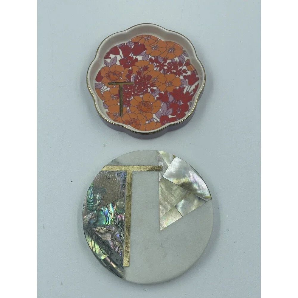 Anthropologie Monogram T Lid Trinket Dish Marble Abalone Floral Ceramic Coaster